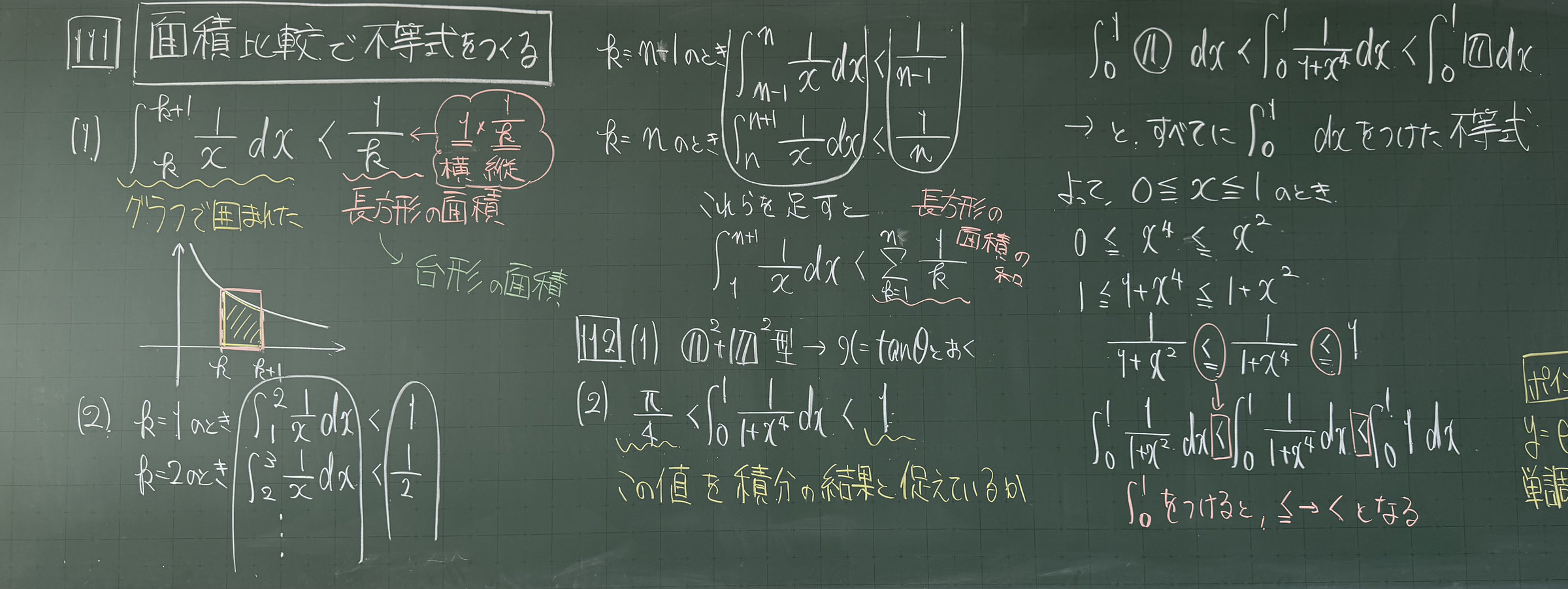 板書 【111】面積比較で不等式をつくる/【112】はさむ